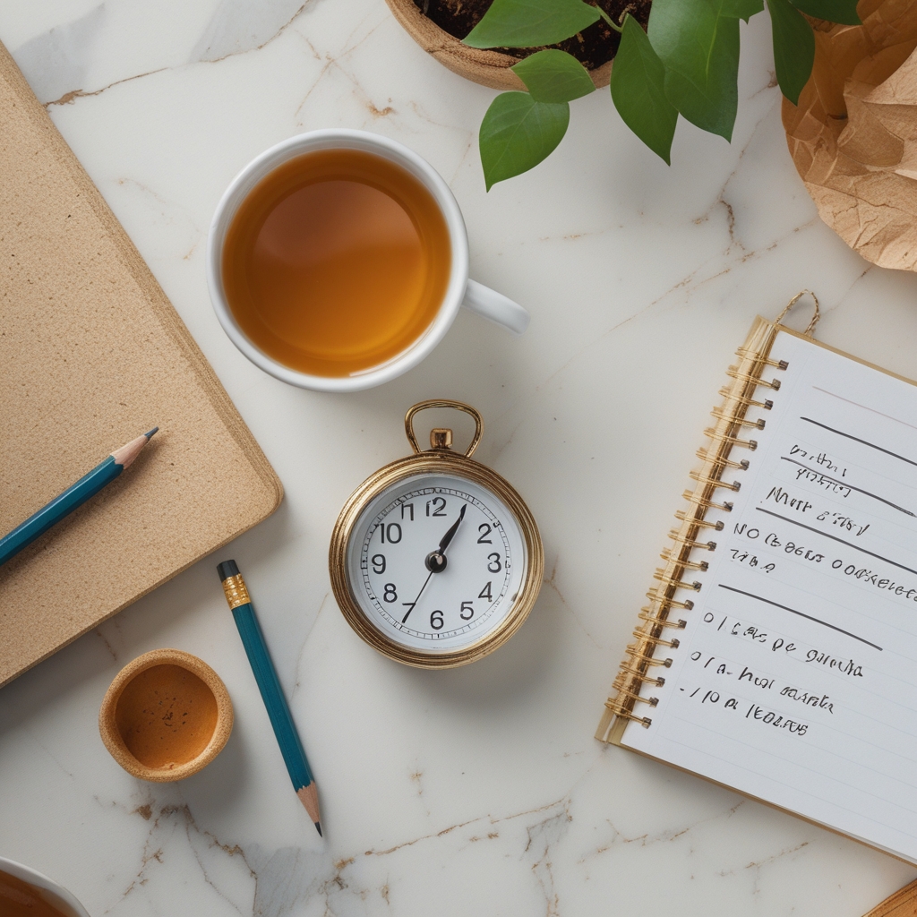 Minimalist flat lay of a small analog timer, open notebook with handwritten schedule, pencil and a cup of tea on a light marble surface, representing structured time and visual break planning