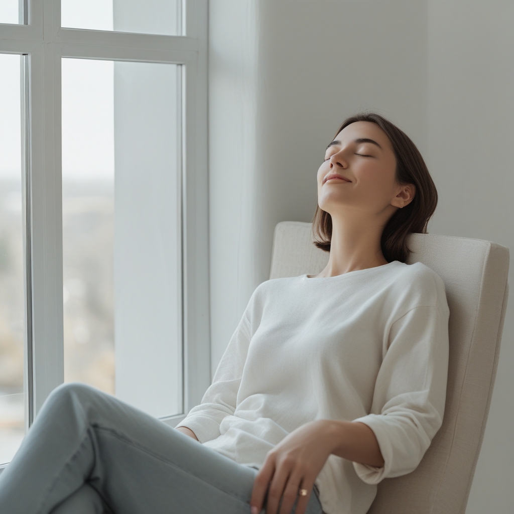 Calm minimalist Japanese-style interior room with warm diffused natural light coming through rice paper screens, a cushion on a wooden floor and a small potted plant, evoking a quiet and focused atmosphere for rest and relaxation