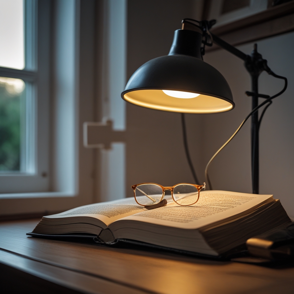 Close-up of an open book beside a softly glowing desk lamp, with reading glasses resting on the pages, natural light entering through a nearby window