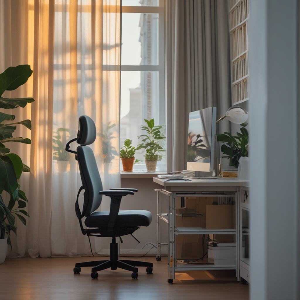 Side view of an organized minimalist workstation with a monitor positioned at eye level, ergonomic chair, plants on the windowsill, and warm afternoon light filtering through sheer curtains