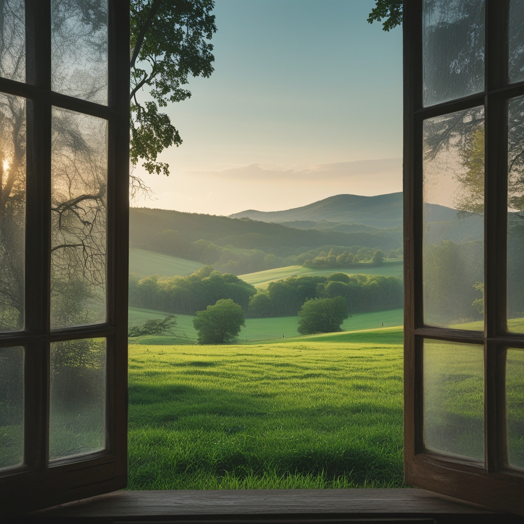 Tranquil green landscape viewed from a window, distant hills and trees in soft natural light, representing the concept of looking into the far distance for visual rest