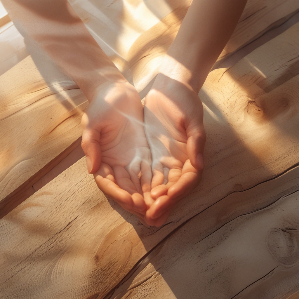 Two warm hands gently cupped together over a softly lit wooden surface, evoking a sense of warmth and quiet stillness, used to illustrate palming relaxation technique